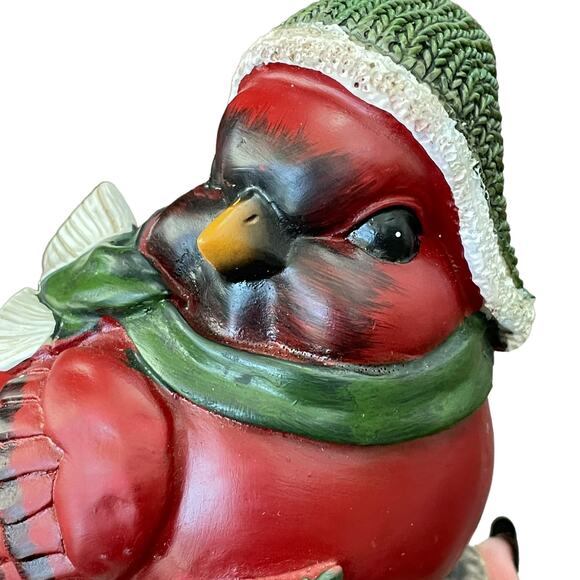 Cardinal Bird In Nest Figure Red Green Hat Scarf Winter Resin Decor CHIP READ - Picture 8 of 14